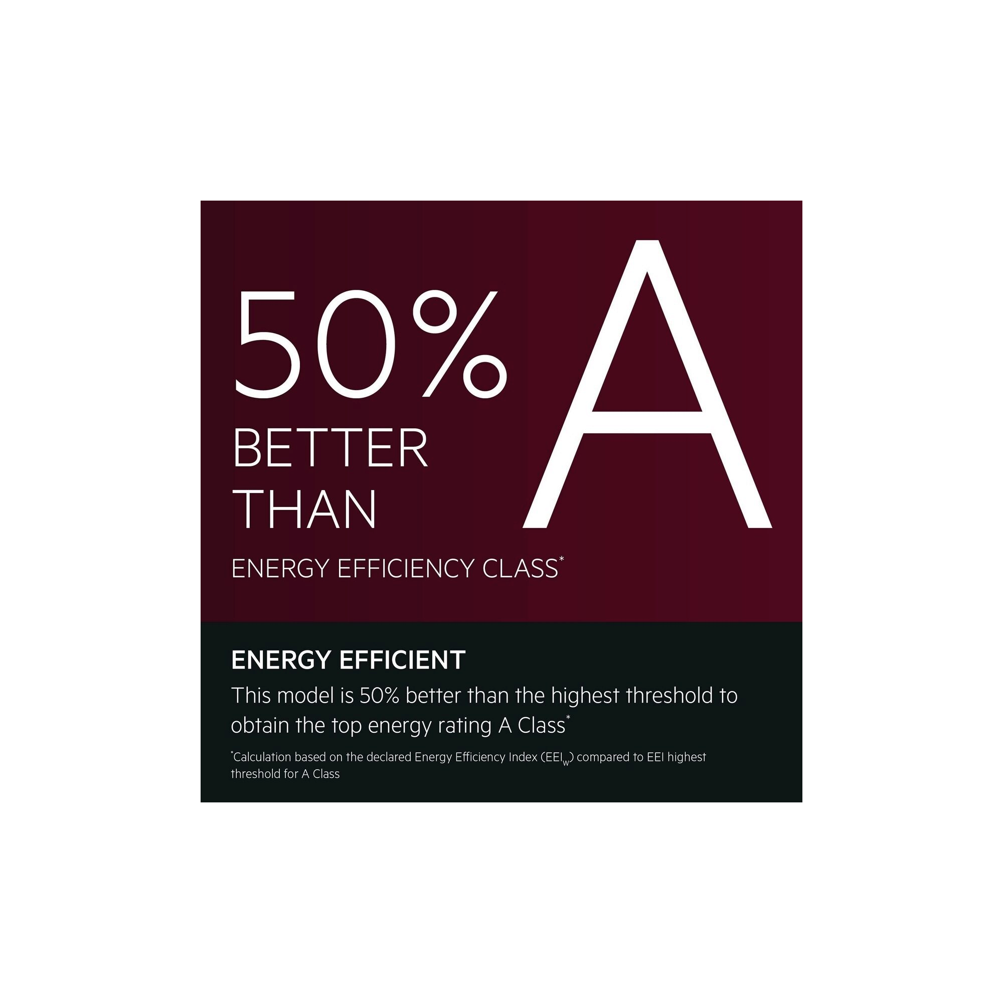 Energy Efficient.This model is 50% better than the highest threshold for the washing cycle to obtain the top energy rating A Class*.*Calculation based on the declared Energy Efficiency Index (EEIW) compared to EEI highest threshold for A Class.
